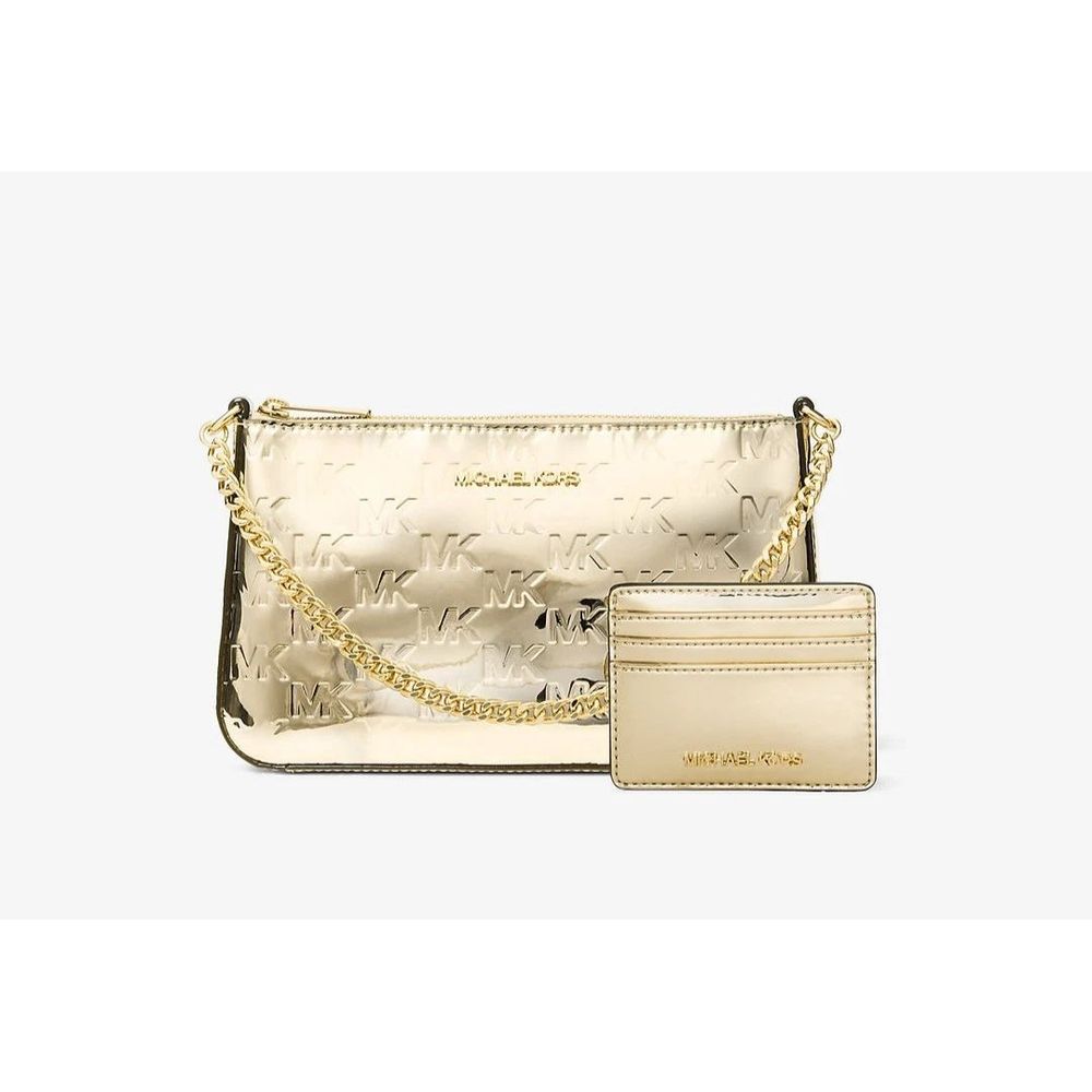 Michael Kors - Glamorous Embossed Logo Canvas Clutch with Chain Strap - Gold Michael Kors