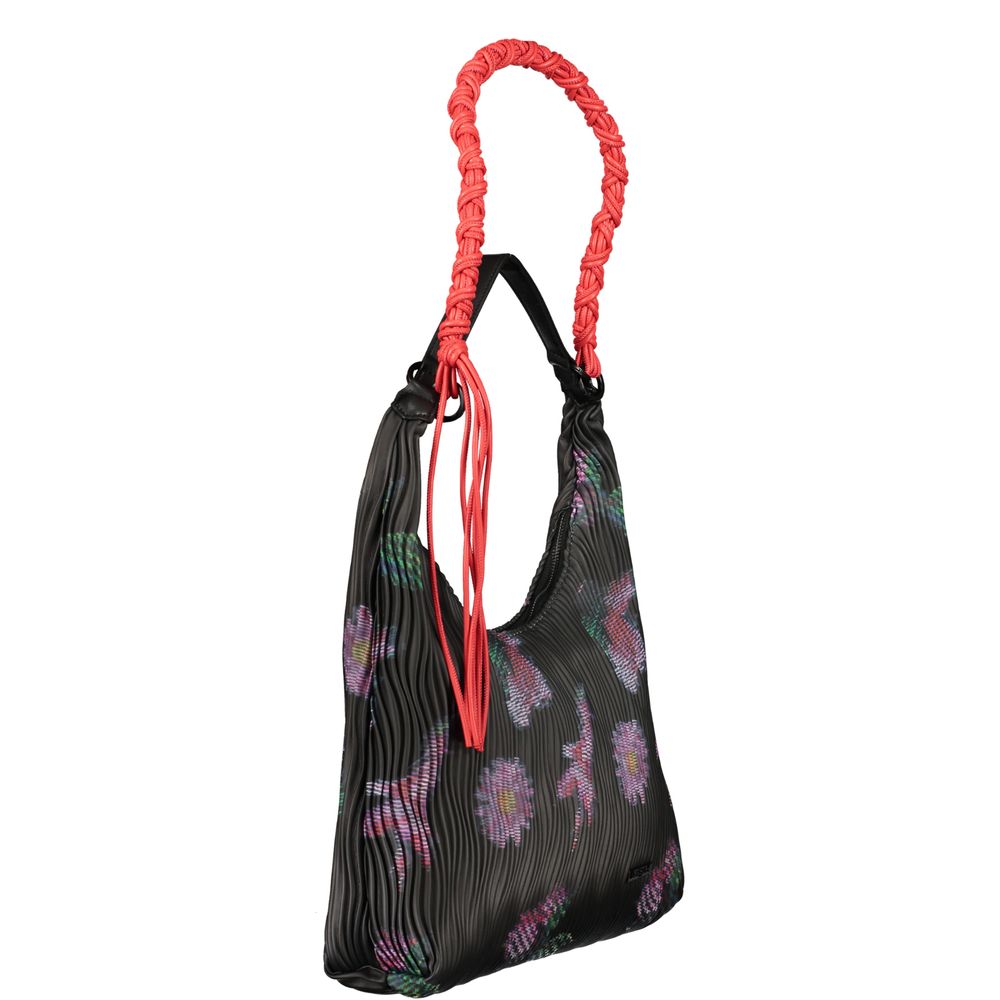 Desigual - Bold Pleated Floral Shoulder Bag With Braided Rope Handle - Black Multi Desigual