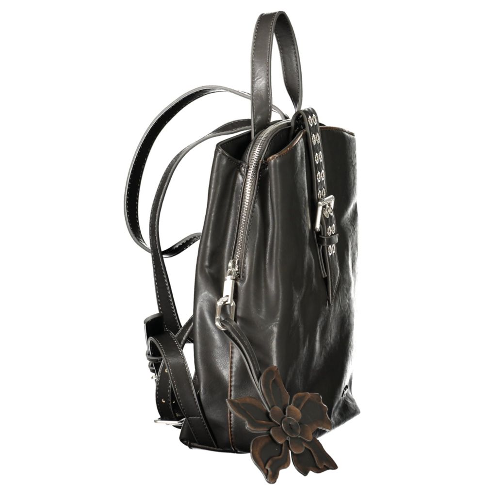 Desigual - Edgy PU Leather Convertible Backpack with Floral Charm - Black Desigual