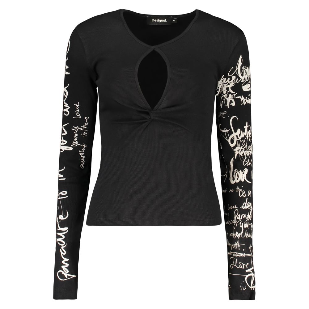 Desigual - Edgy Graphic Cut-Out Ribbed Long Sleeve Top - Black Desigual