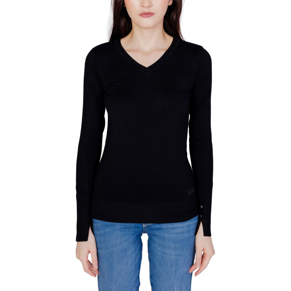 Guess - Refined Fitted Cotton V-Neck Sweater with Button Cuffs - Black Guess