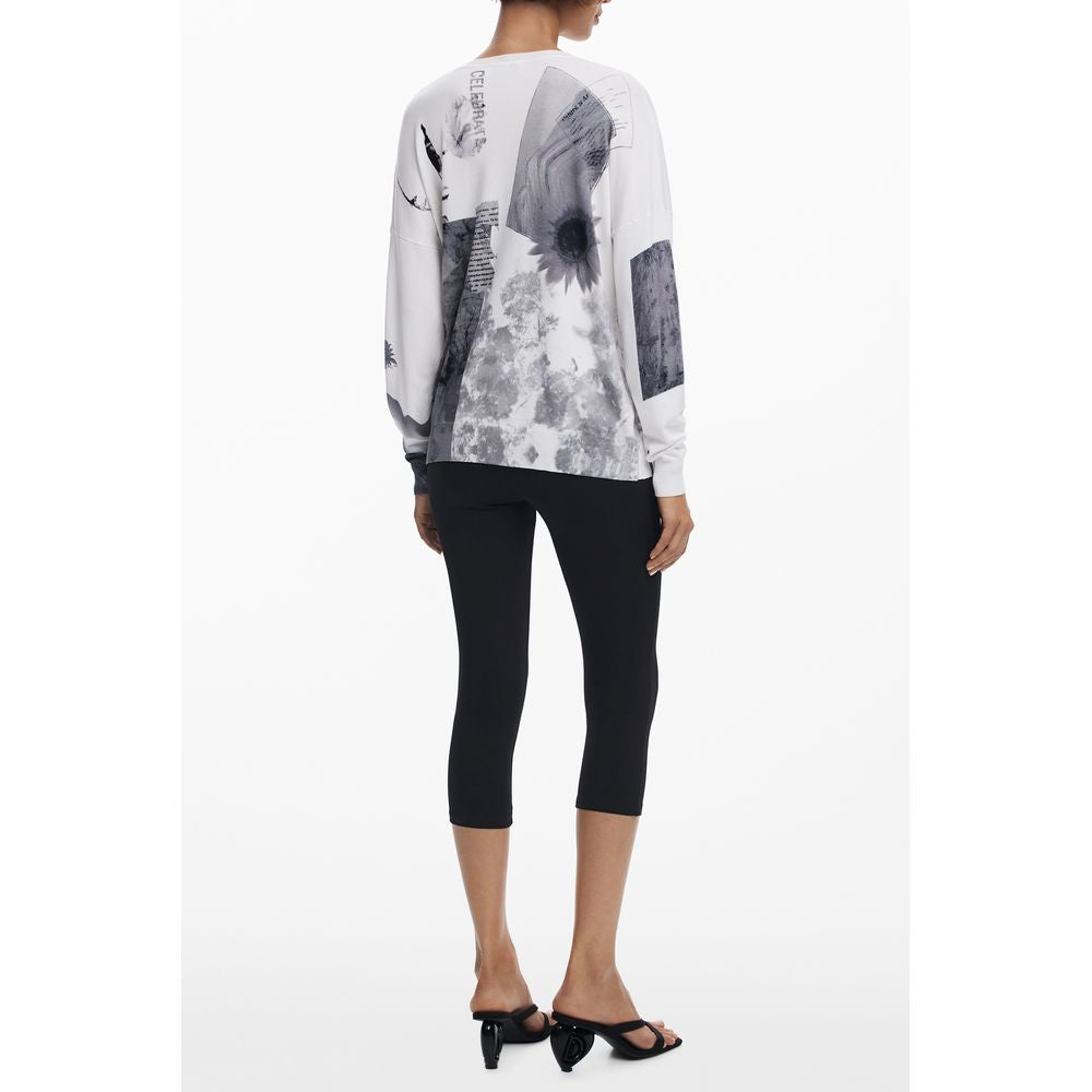Desigual - Bold Graphic Print Relaxed Long Sleeve V-Neck Top - White Desigual